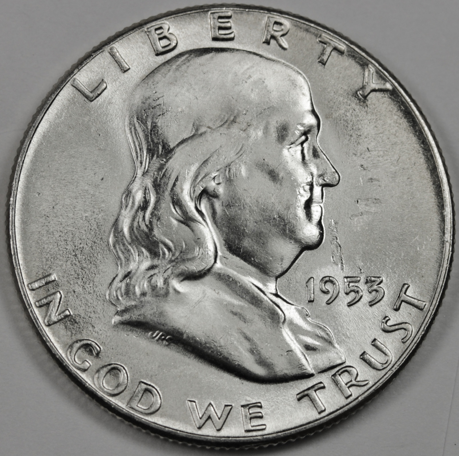 1953-p  Franklin Half . Fully Separated Horizontal Bell Lines. BU. (Inventory)