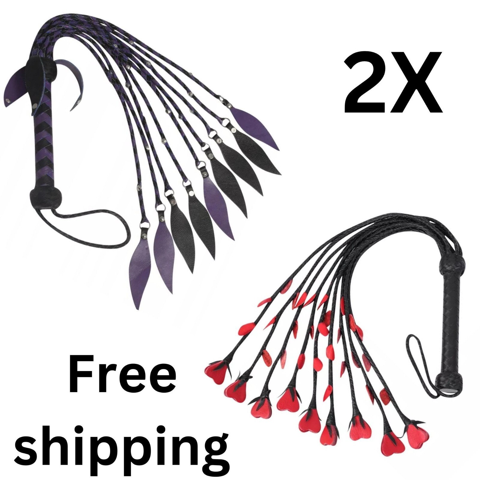 2X Whip Thick Leather Handle Flogger 09 Leaves Tails Thuddy impact Whip