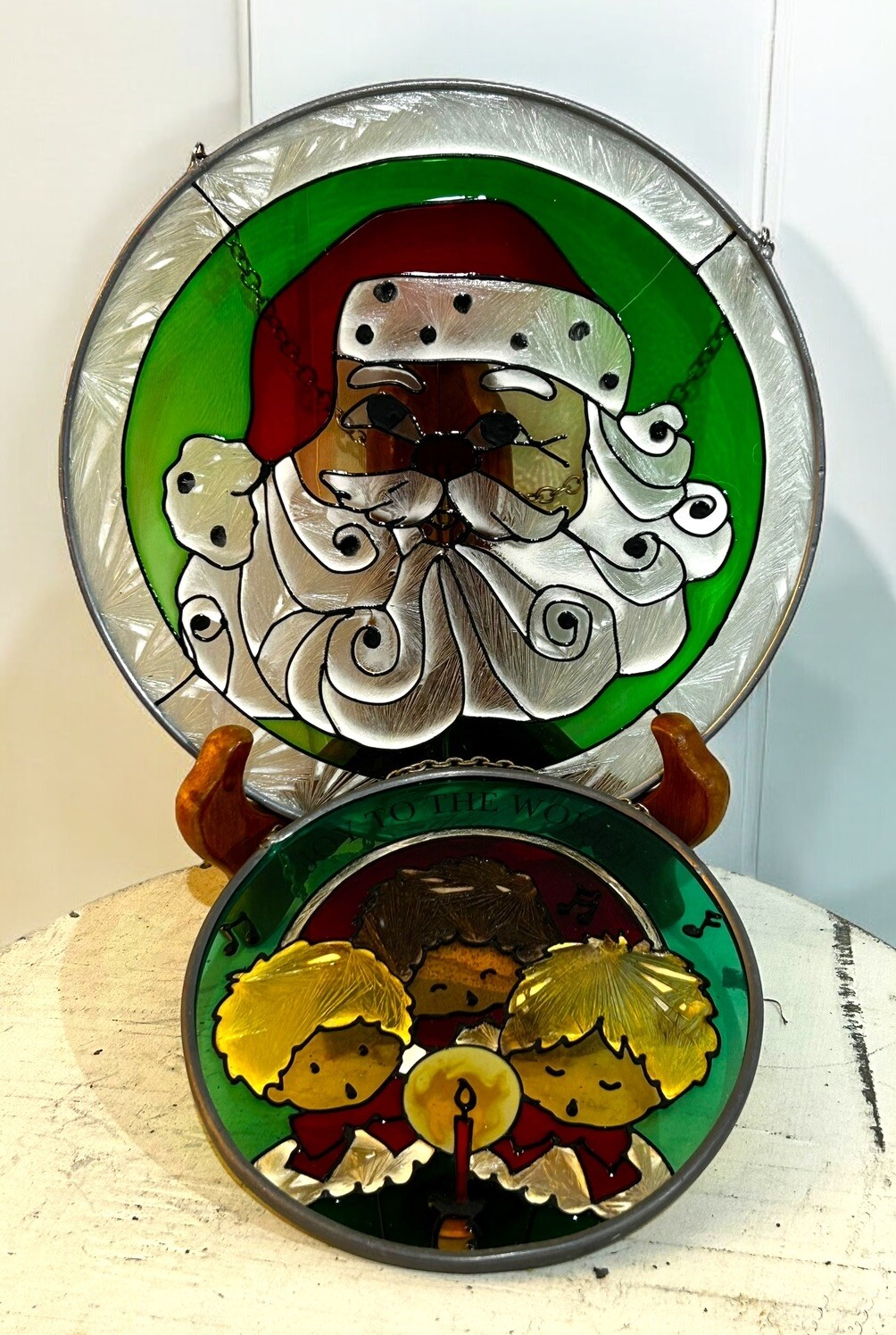 Joan Baker Hand Painted Stained Glass Sun Catchers Christmas Santa & Carolers