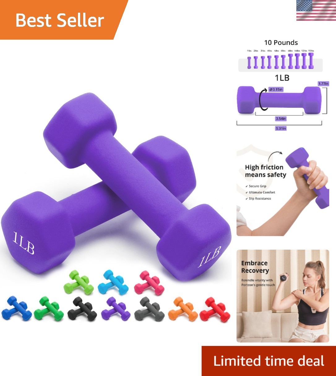 Compact Hex Shaped Neoprene Dumbbells - 1-15 LB Weight Pair for Easy Storage