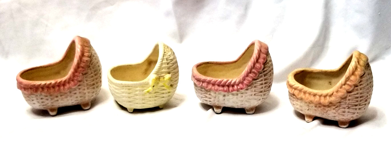 4 VTG Ceramic Porcelain Baby Cradle Bassinett Planter Japan Pink & Yellow