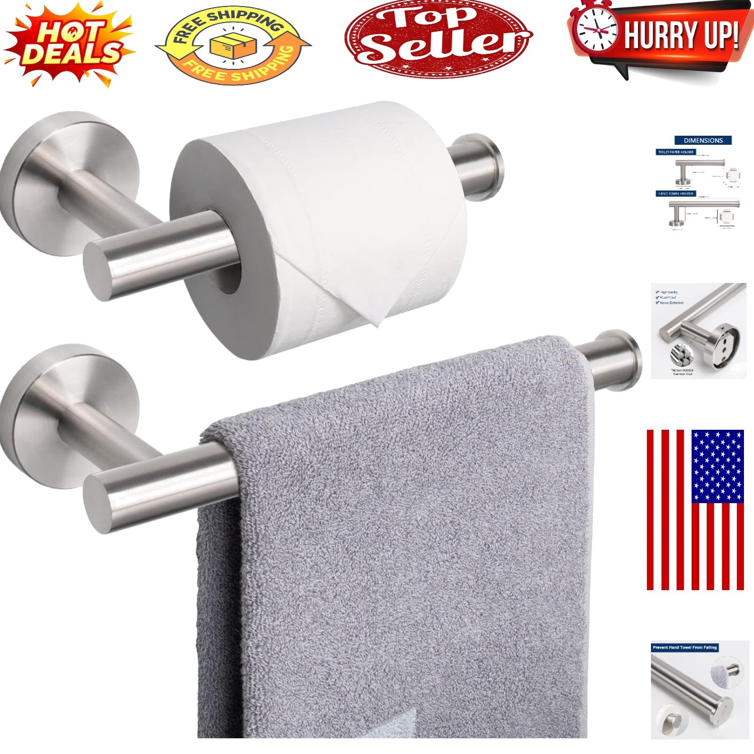 Brushed Nickel Bathroom Hardware Set: Rustproof Toilet & Towel Holders