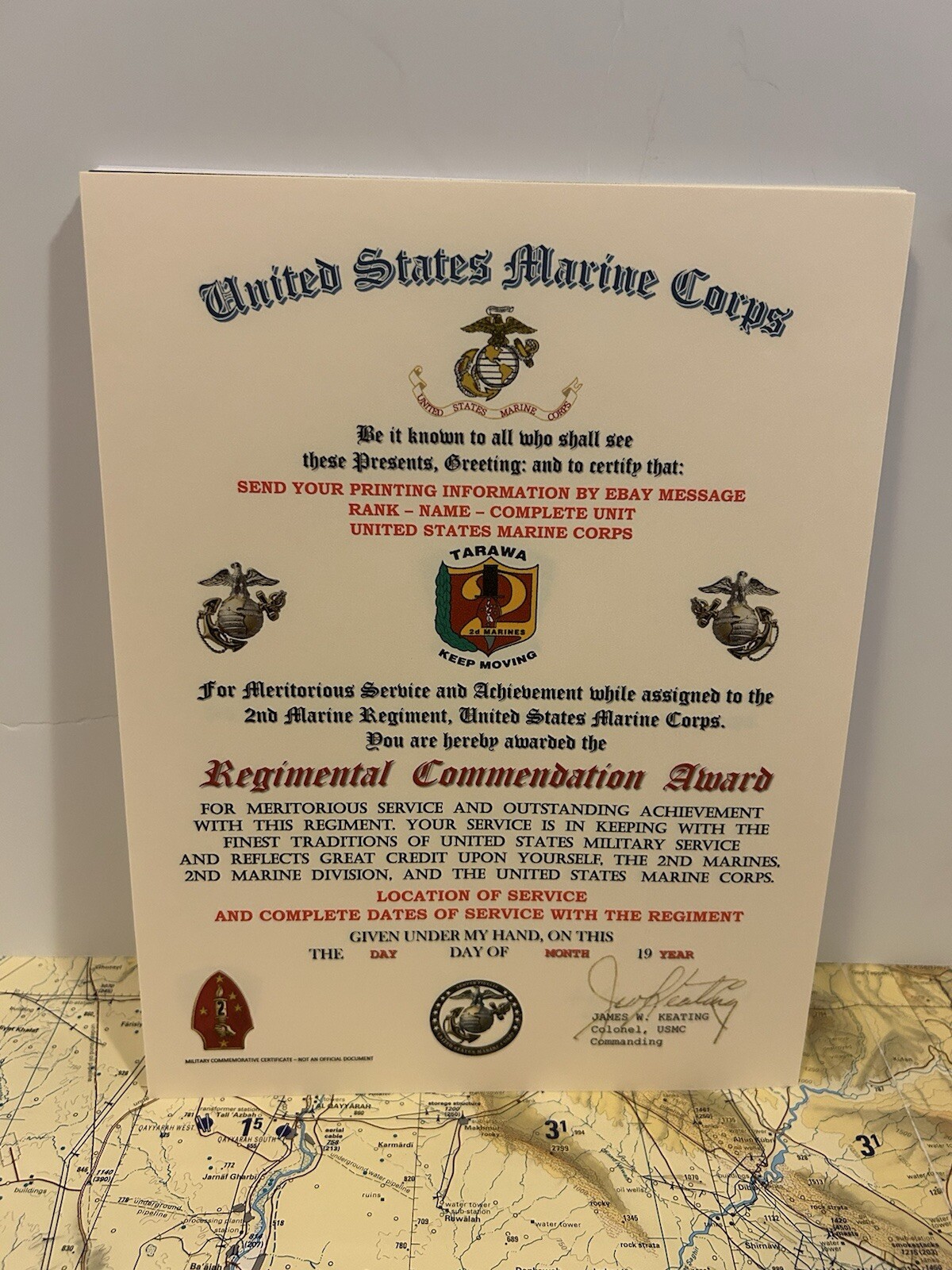 U.S.M.C. / 2ND MARINE REGIMENT - REGIMENTAL COMMENDATION AWARD CERTIFICATE