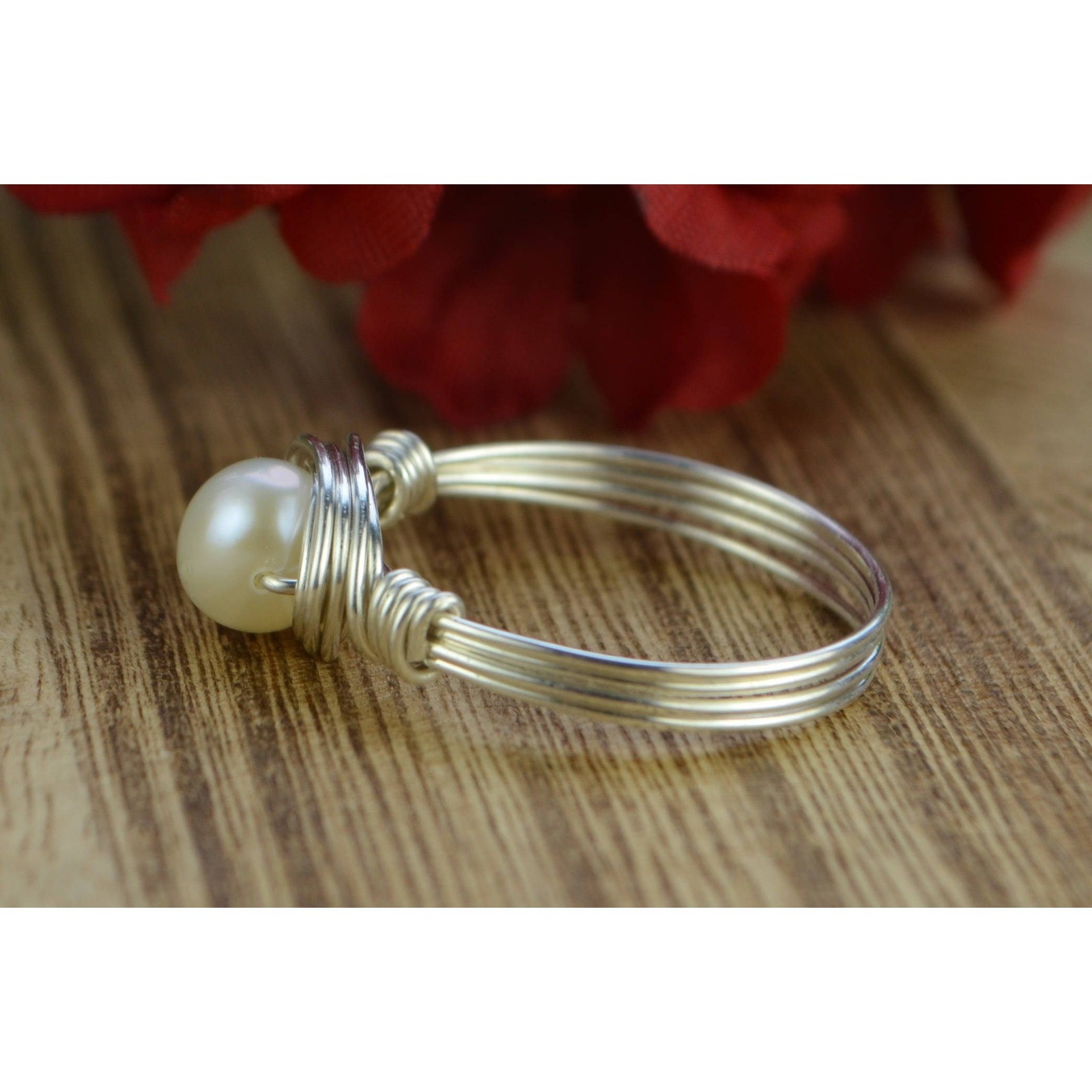 Freshwater Pearl Wrapped Ring - Sterling Silver Wire- Custom Size