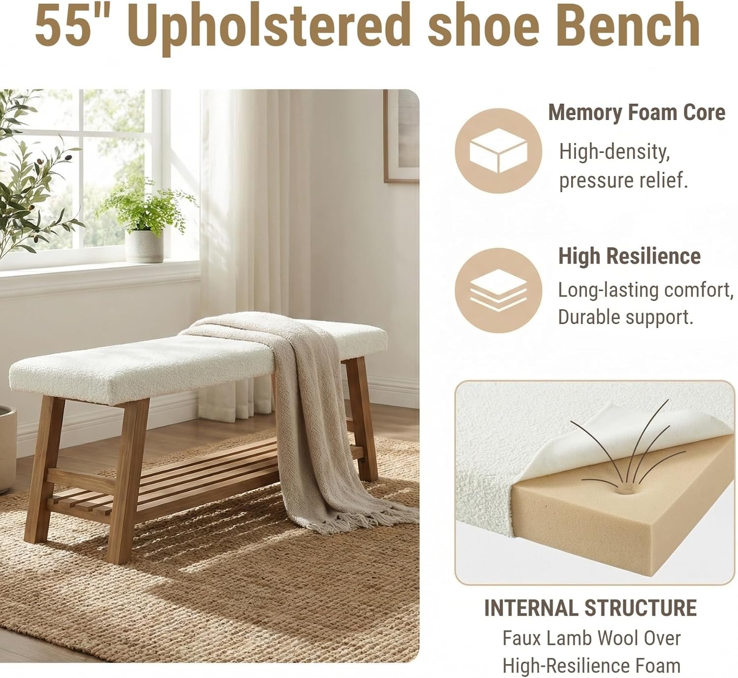 55" Upholstered Bench Modern Solid Wood Shoe Bench with Cushion for Entryway