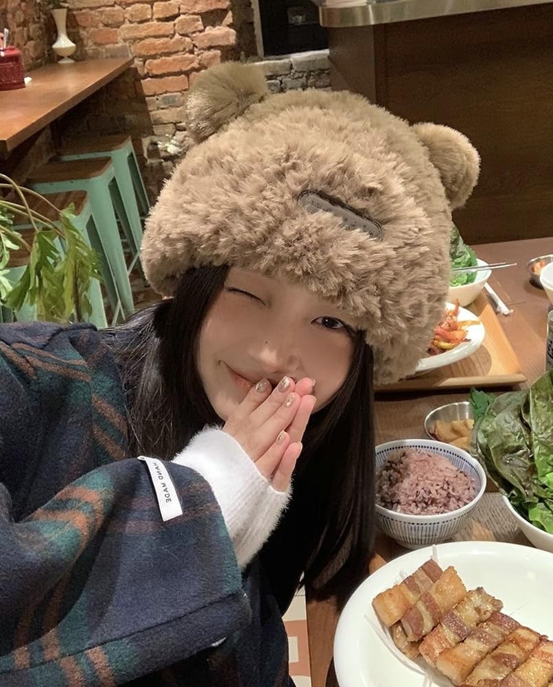 Y2K Beanie Hat for Women Cute Fuzzy Bear Ear Beanie Hat Furry Slouchy Faux Fu...