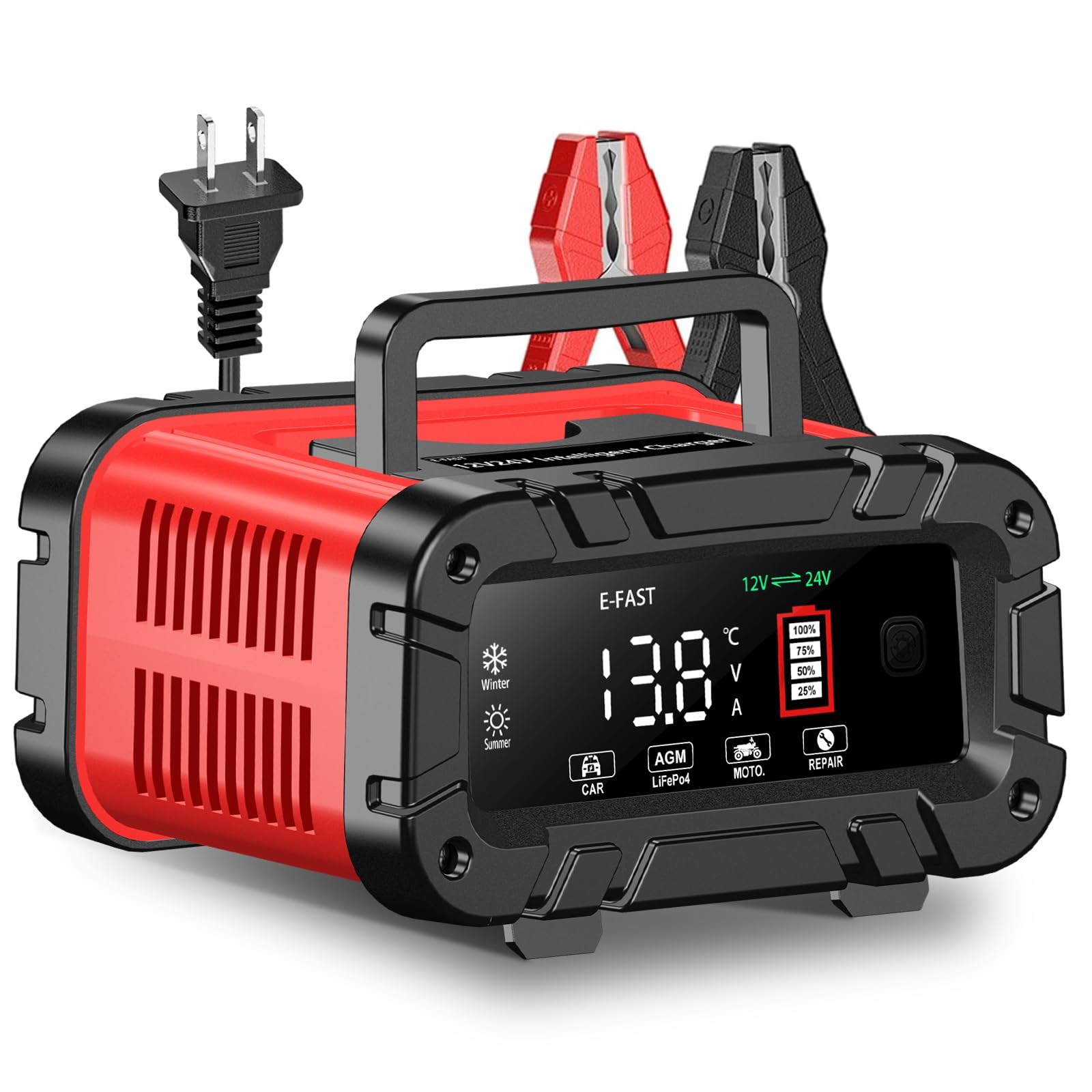 E-FAST Battery Charger 0-20A 12/24V Lifepo4 Lead Acid Automatic Smart Car Red