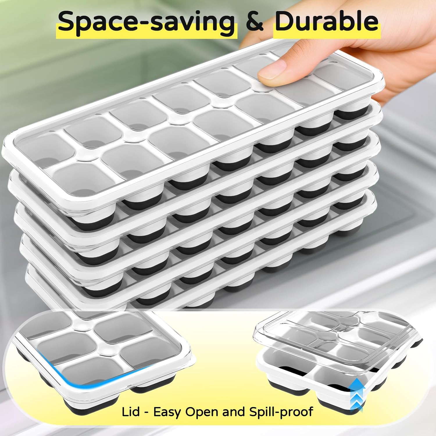 Ice Cube Tray 5 Pack, Stackable Silicone Ice Cube Trays with Lid– Easy Release R