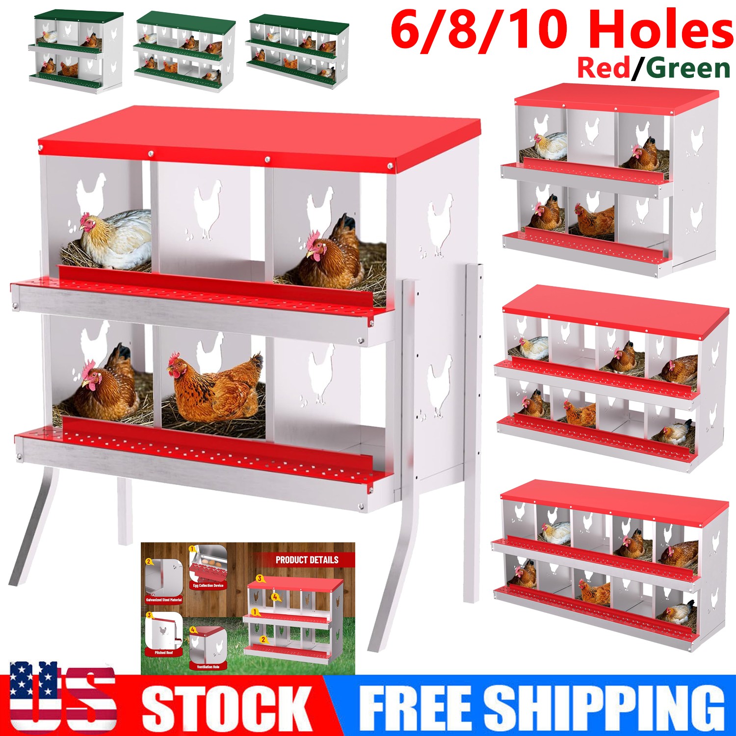 6/8/10 Compartments Chicken Nesting Box for Laying Eggs Roll Away Egg Laying Box