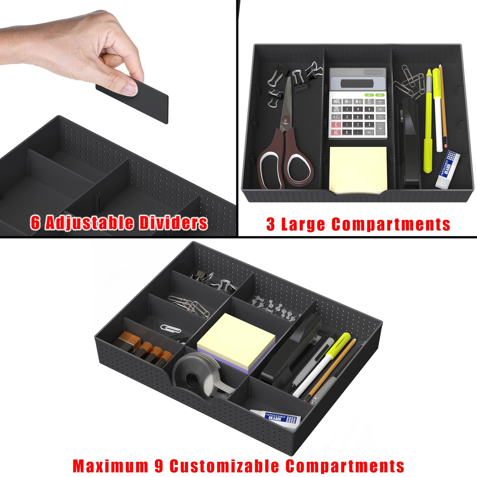 Drawer Organizer Tray with 9 Adjustable Compartments, Black