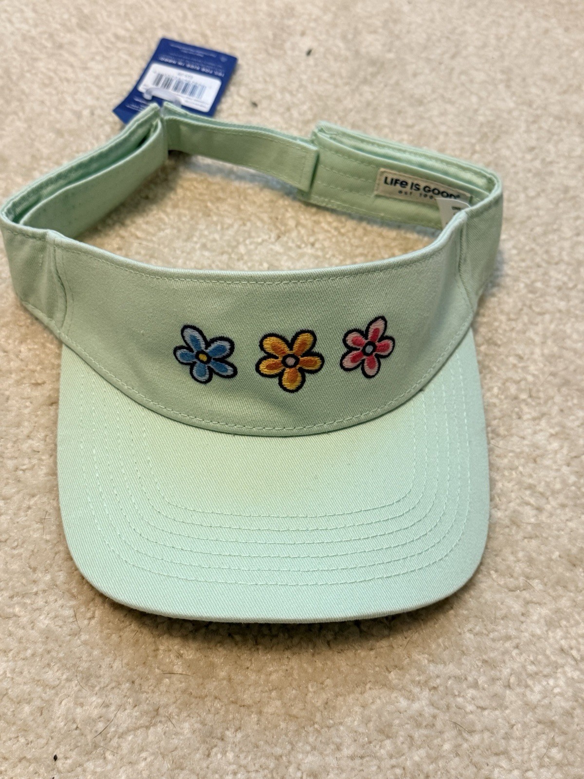 Life Is Good Three Daisies Visor Hat Cap Sage Green One Size Adjustable w/ Tag