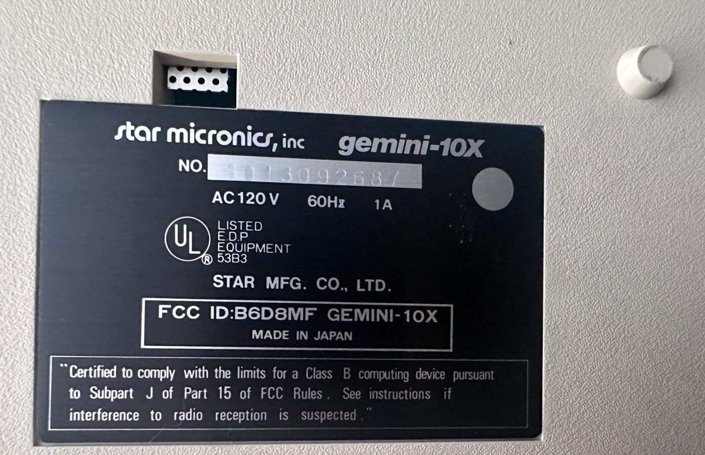 Vtg Star Micronics Gemini 10X Dot Matrix Printer POWERS ON - Untested - AS - IS