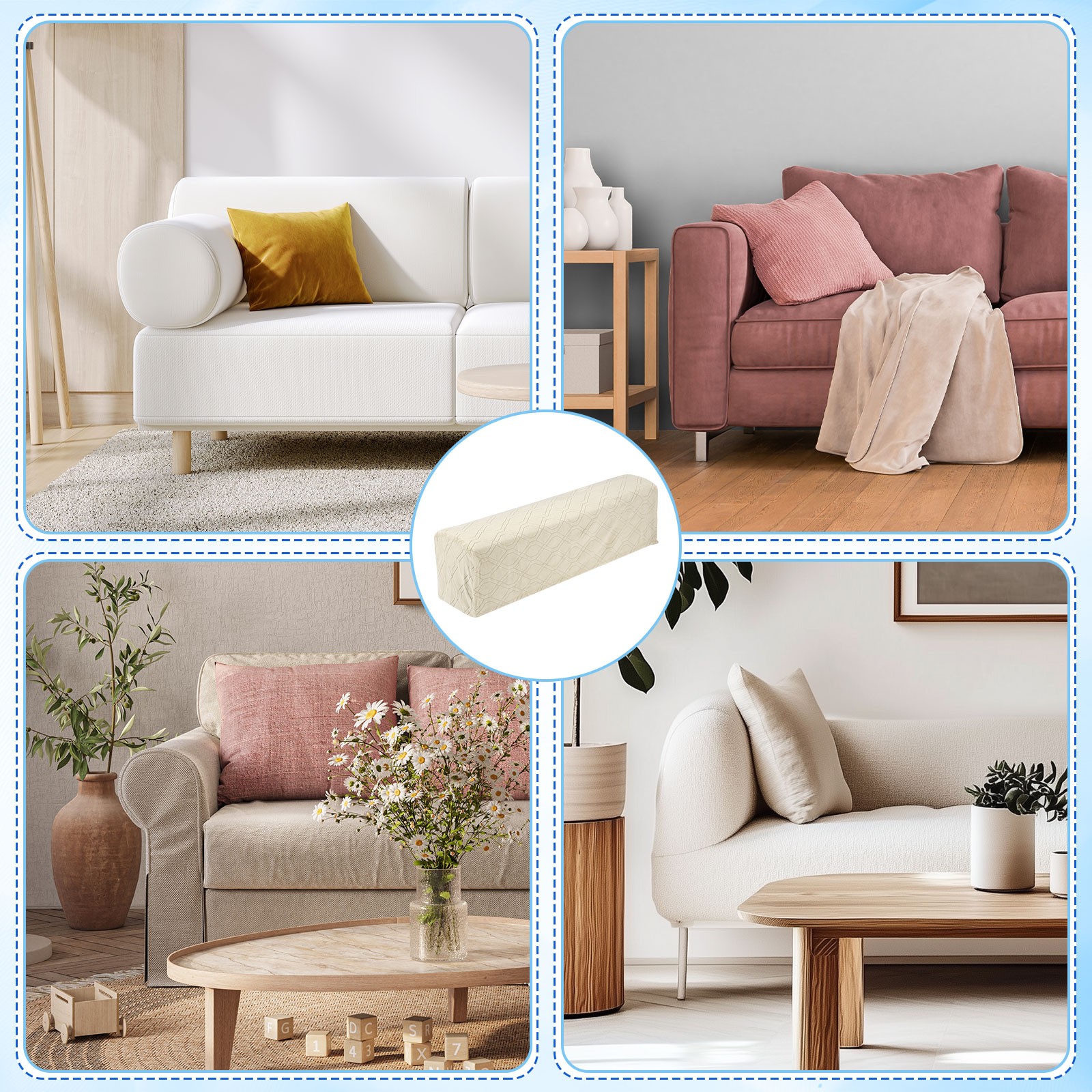 2Pcs Diamond Pattern Stretch Armrest Covers, Armchair Slipcovers, Cream