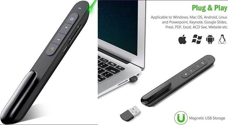 Bluetooth Luz verde USB Recargable Presentación Control remoto Powerpint Clicker