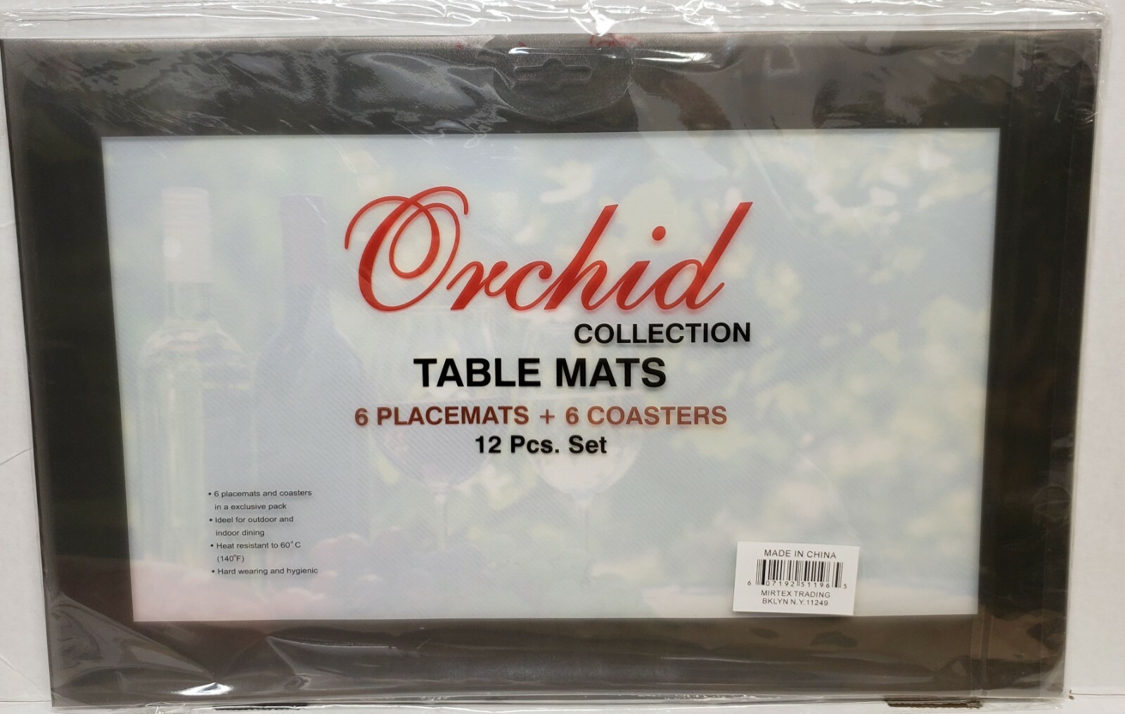 12 pc 3D Thin Plastic Set: 6 PLACEMATS & 6 COASTERS, WINE & GRAPES, Mirtex