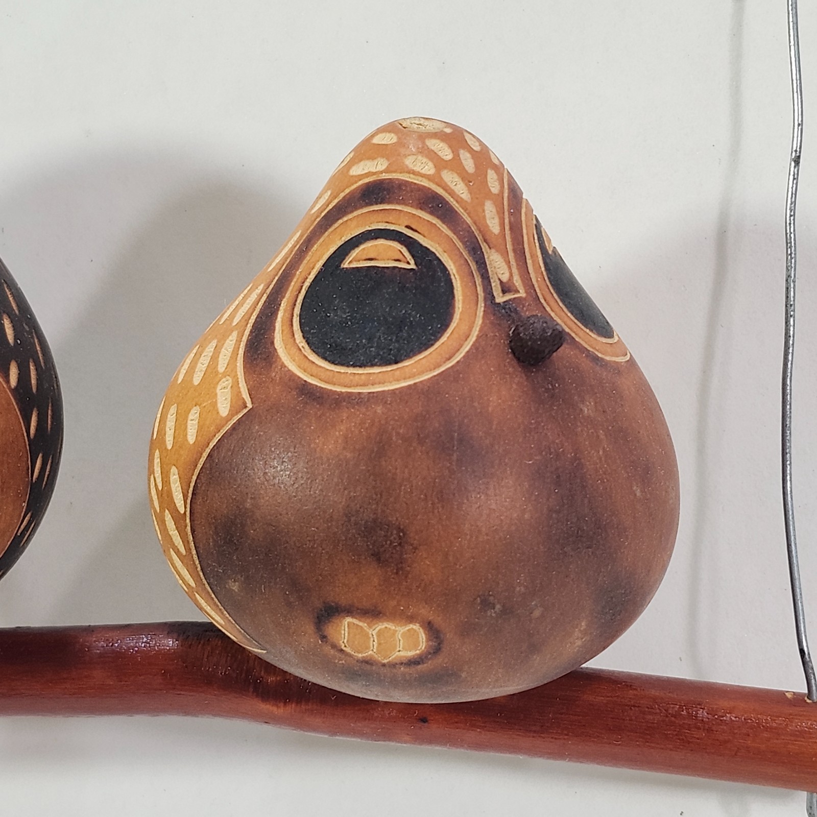 Peruvian Gourd Art Two Perched Owls Birds on Branch Hanging Decor Lucuma Peru