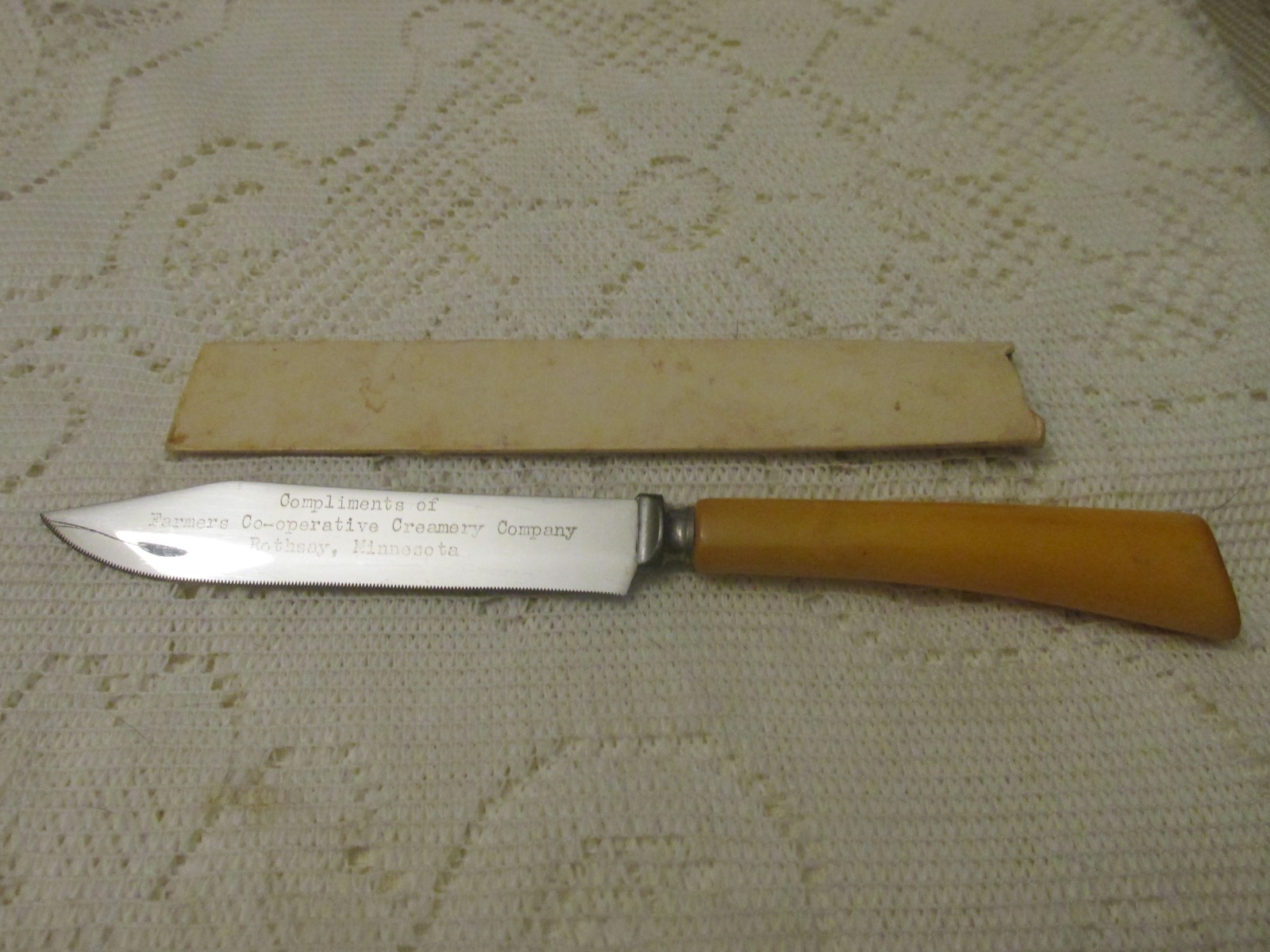Vintage Serrated Kitchen Knife - Creamery Advertising - Bakelite Handle