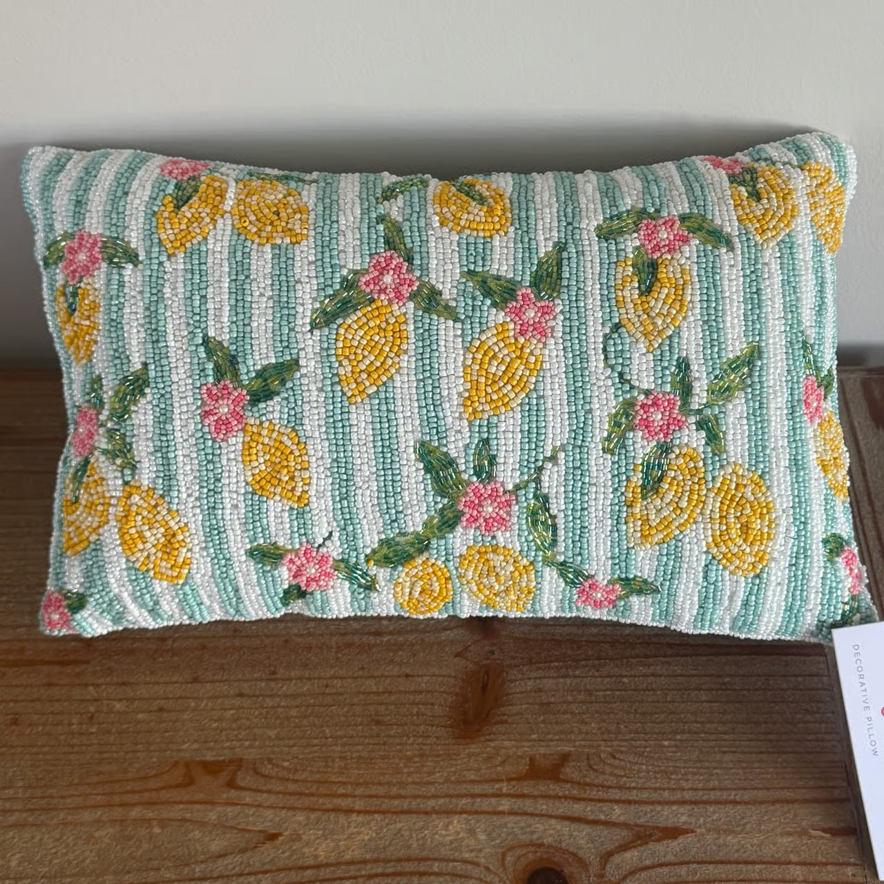 Beaded LEMON & Floral Striped Decorative Throw Pillow by Style Happy NWT