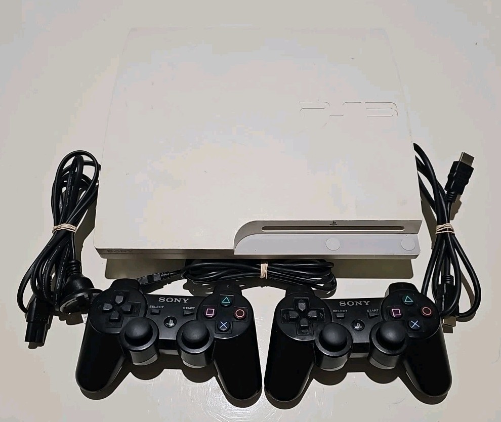 Sony White PlayStation 3 Slim 160GB Console Bundle PS3 Cords 2 Controllers