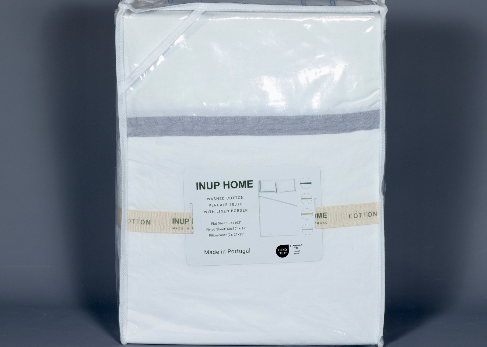 INUP HOME WHITE 100% Washed Cotton w/GREY Border 200 TC QUEEN Size Sheet Set