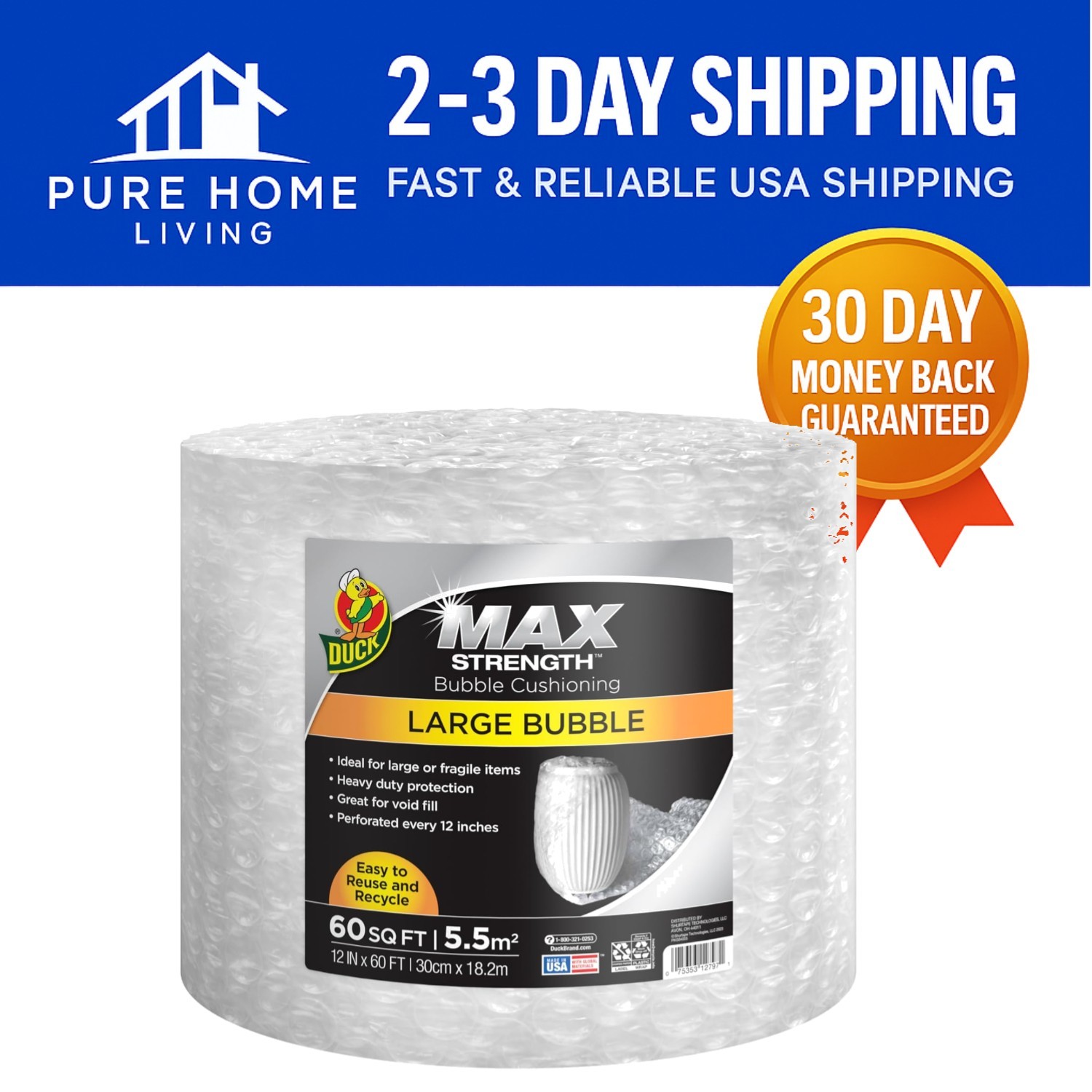 Large Bubble Cushioning Wrap 60 FT - Reusable, Perforated, Heavy Duty Solution