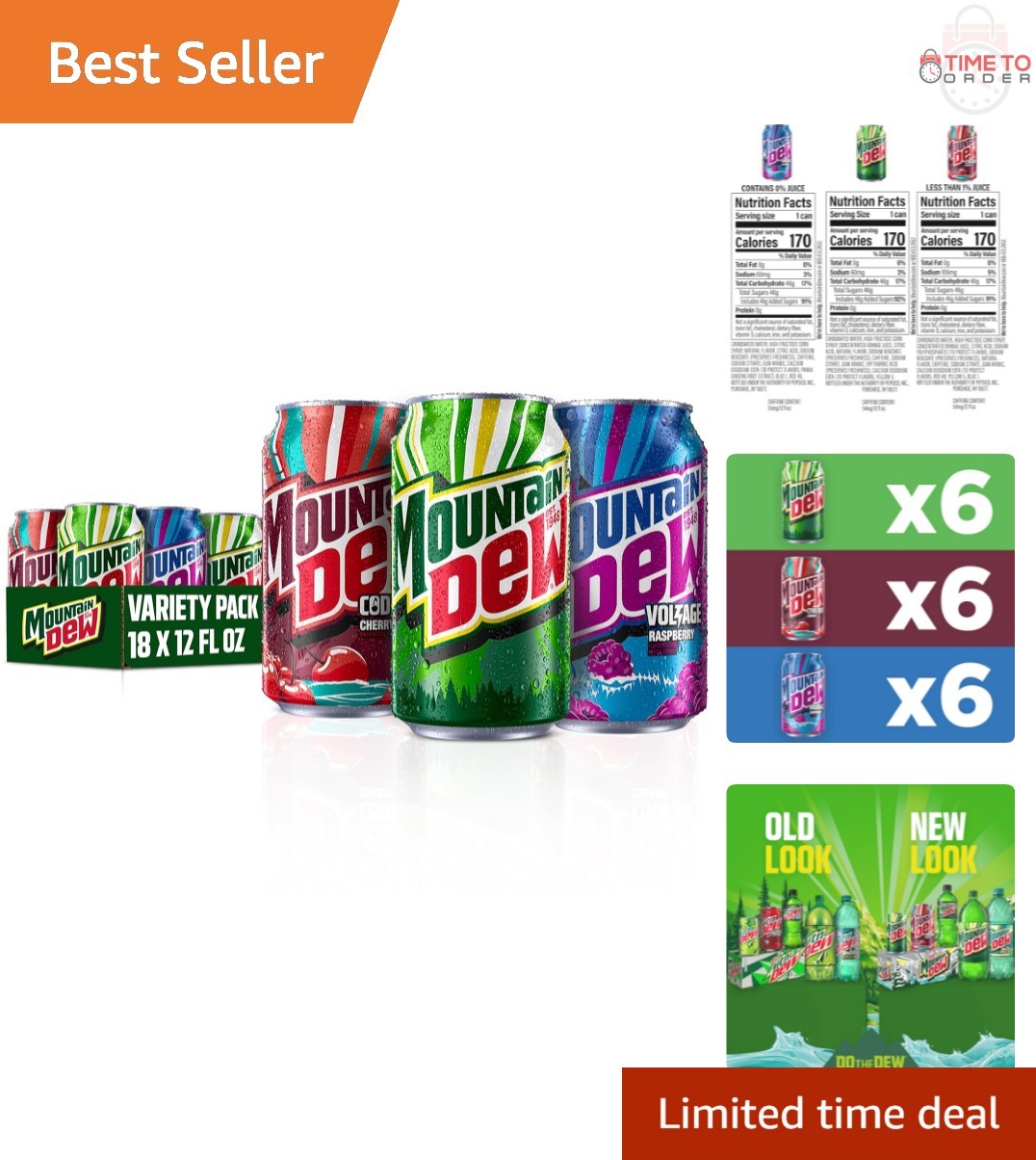 3 Flavor Core Variety Pack Mountain Dew 12oz Cans 18 Count Cherry Voltage