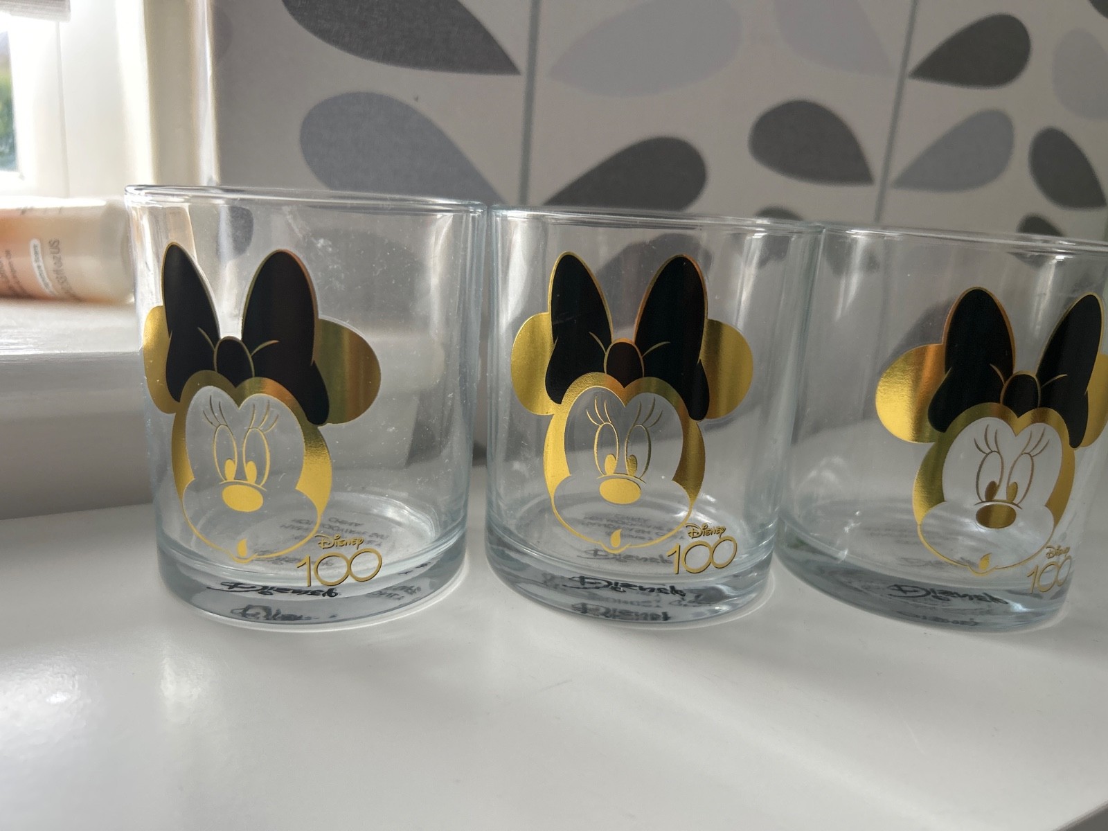 New Set of 3 DIsney 100 Gold MINNIE MOUSE Drinking Glass Tumblers