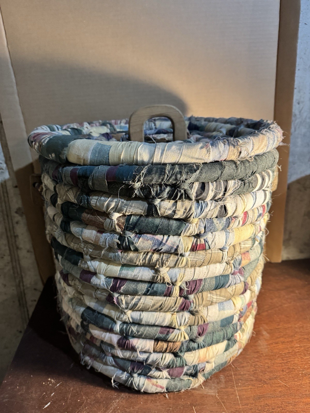 Very Large Cylinder Handmade Rag Basket Hippy Lid Vintage VTG Cottage Boho Blue