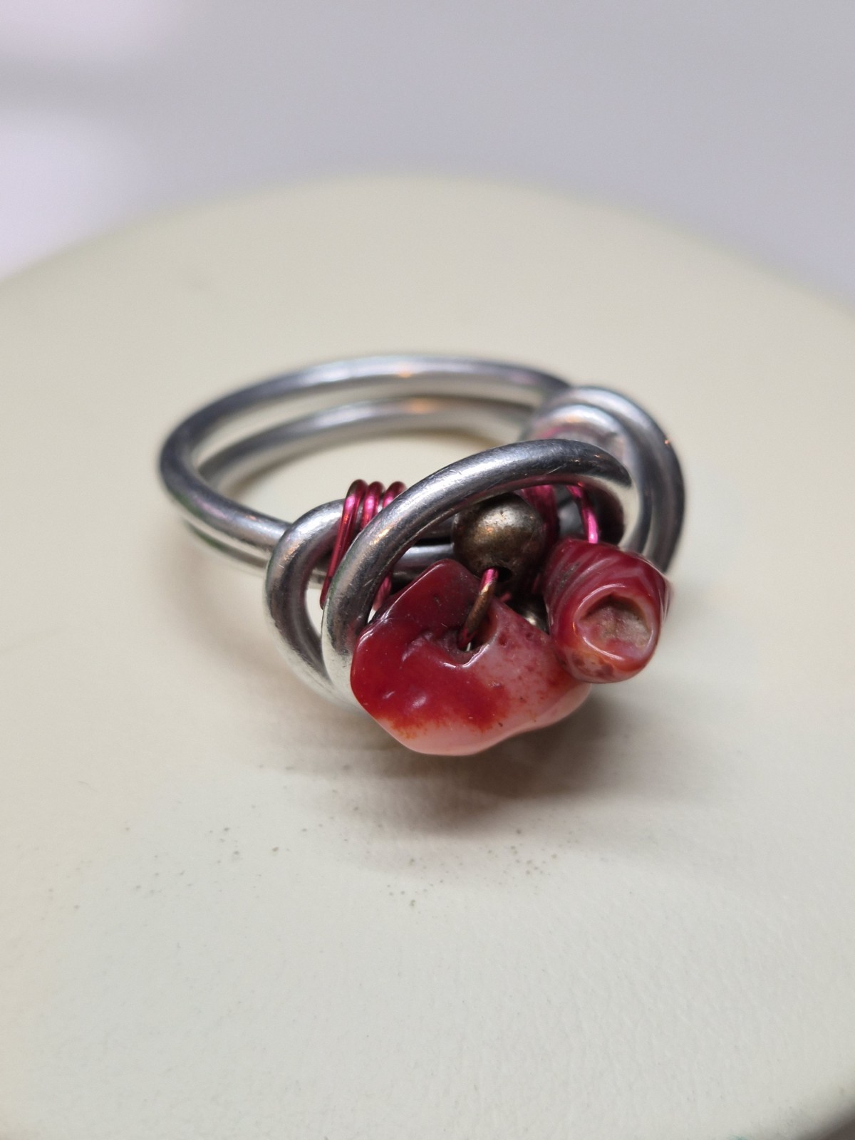 Handmade Wire Wrapped Beaded Ring Silver Tone Red Pink Boho Adjustable