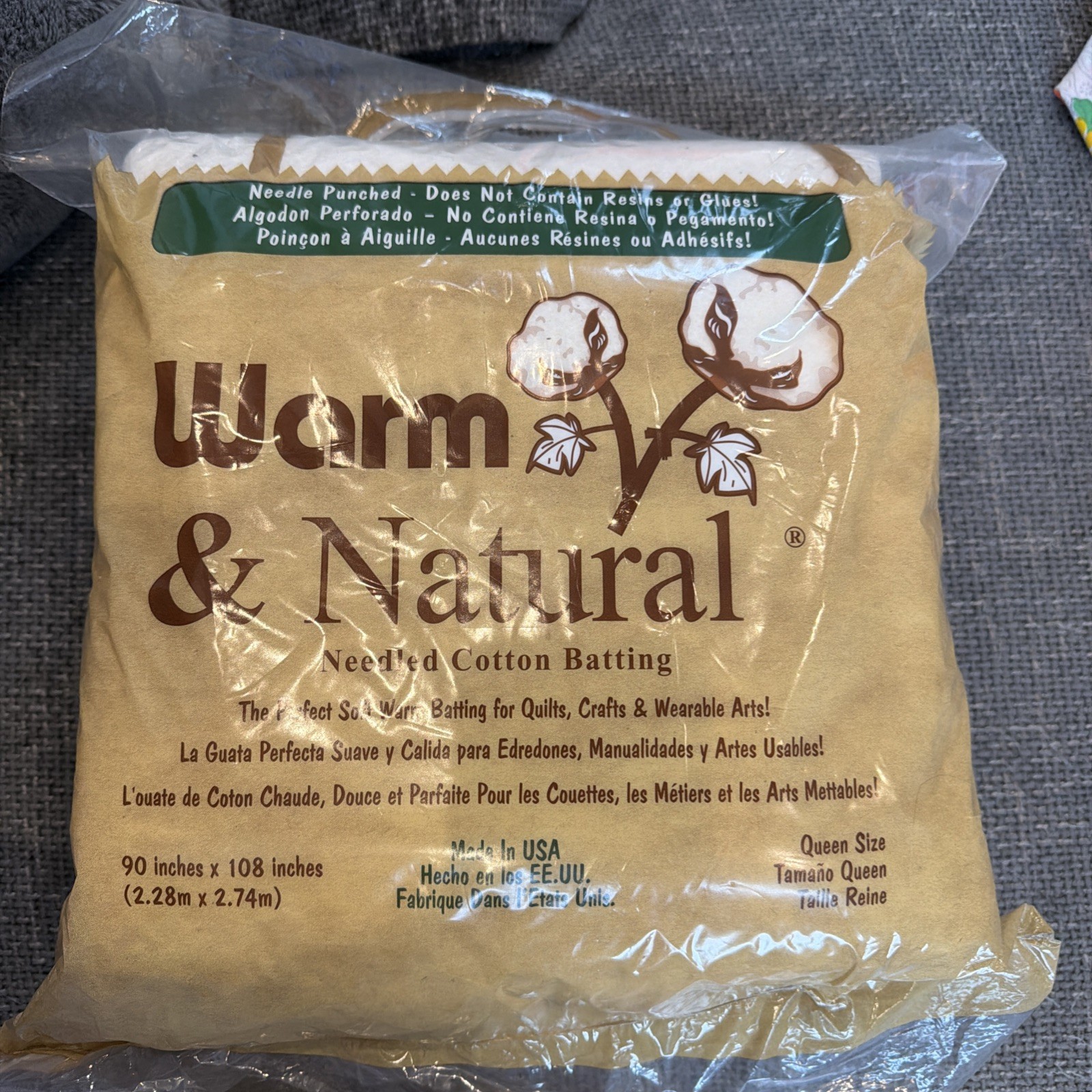The Warm Company Warm & Natural Cotton Batting Queen Size 90" X 108” Made In USA