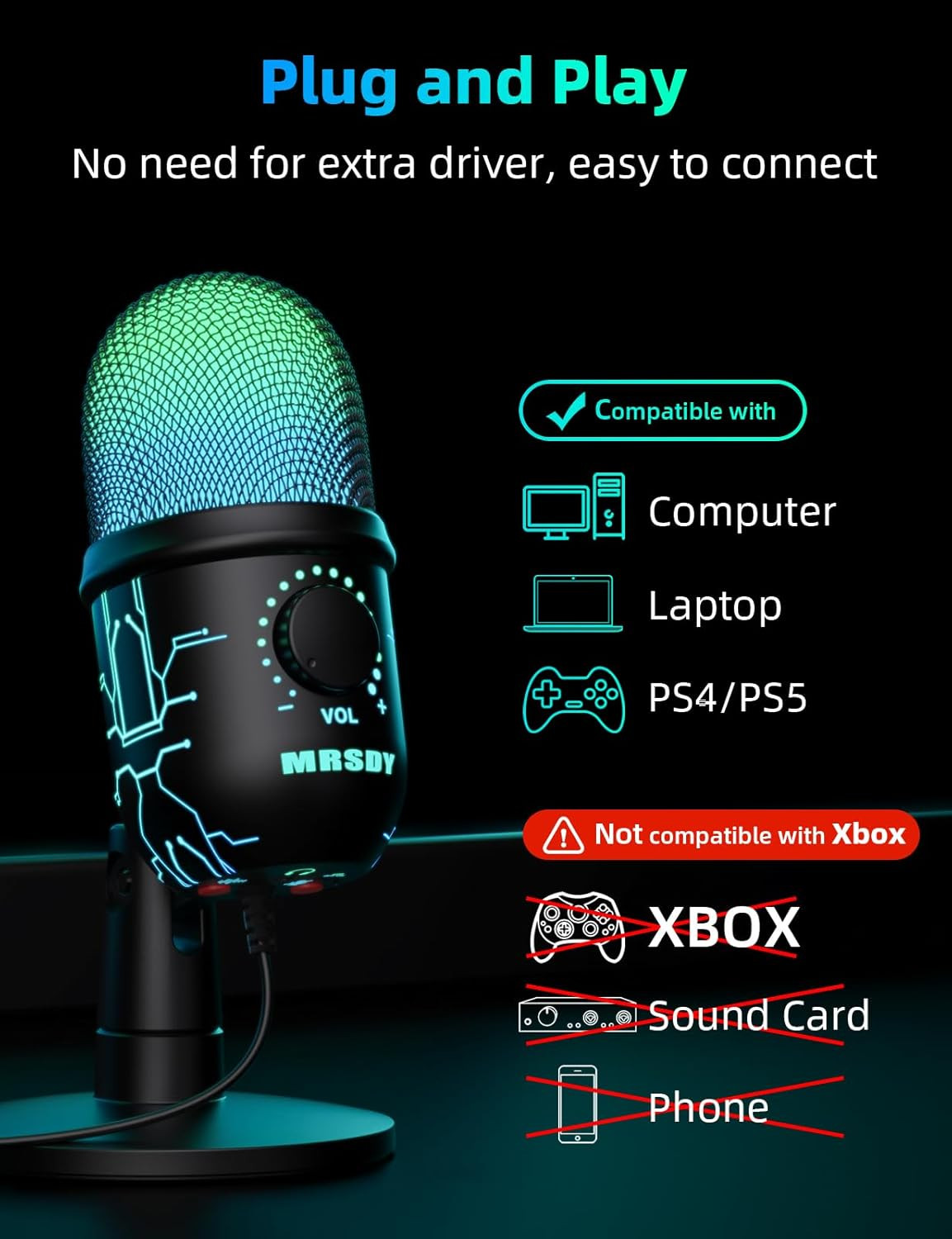 MRSDY Gaming Microphone USB Computer Microphone for PC Mac PS4/5 Condenser