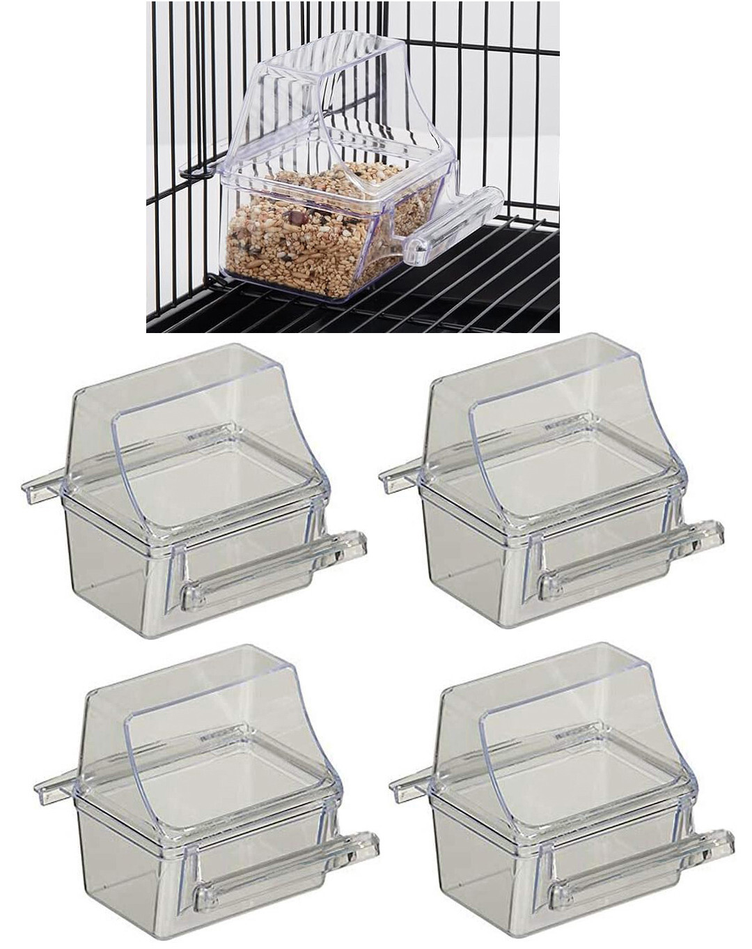 Lot of 4 Bird Acrylic Clear Wing Seed Food Water Feeder Feeding Hook Cups