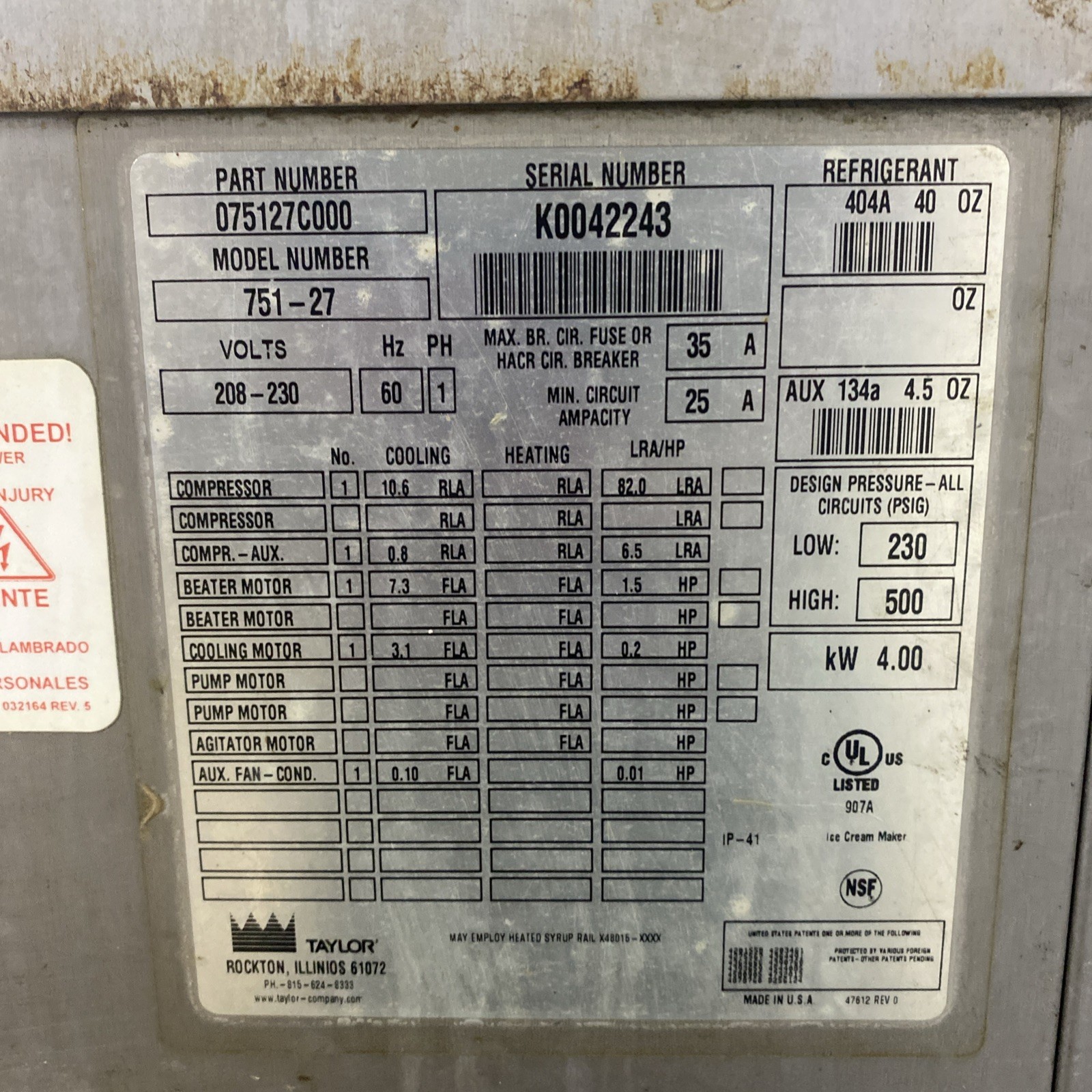 TAYLOR 751-27 SINGLE PHASE 220V AIR COOLED SHAKE ICE CREAM MACHINE