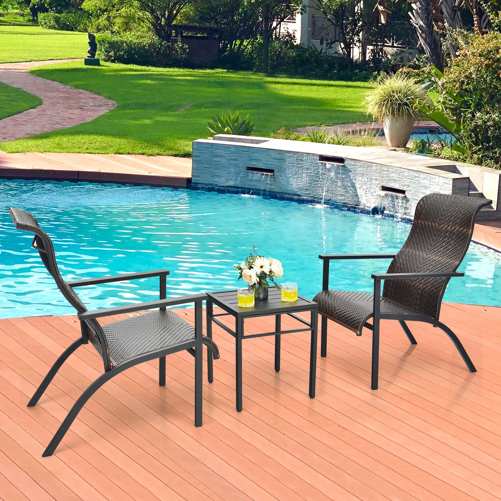 Patiojoy 3 PCS Patio Rattan Bistro Set High Backrest Armrest SideTable Mix Brown