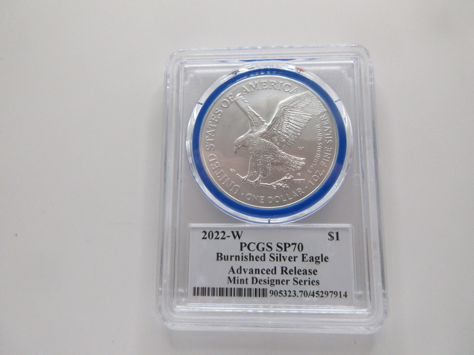 2022-W Burnished Silver Eagle Advanced Release; Mint Designer Damstra PCGS SP70
