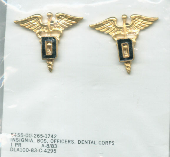 ARMY DENTAL CORPS BRANCH OF SERVICE INSIGNIA NIP GOLD COLOR DATED PAIR BOS