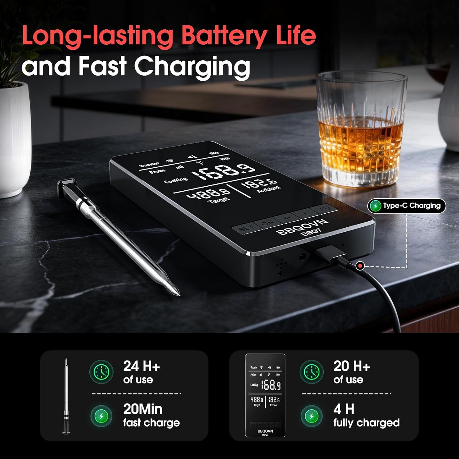 Smart Wifi Wireless Meat Thermometer, Sub-1G 656FT Range, 7-Sensor Probe, Standa