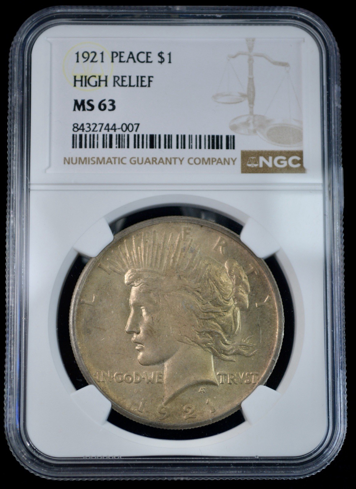 1921 Peace Dollar High Relief $1- NGC MS 63 Key Date! Beautiful Toning
