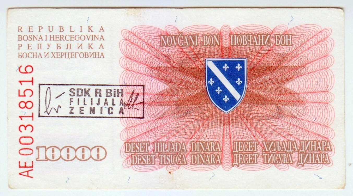 1993 Bosnia War 10000 Dinara Handstamp 00318516 Paper Money Banknotes