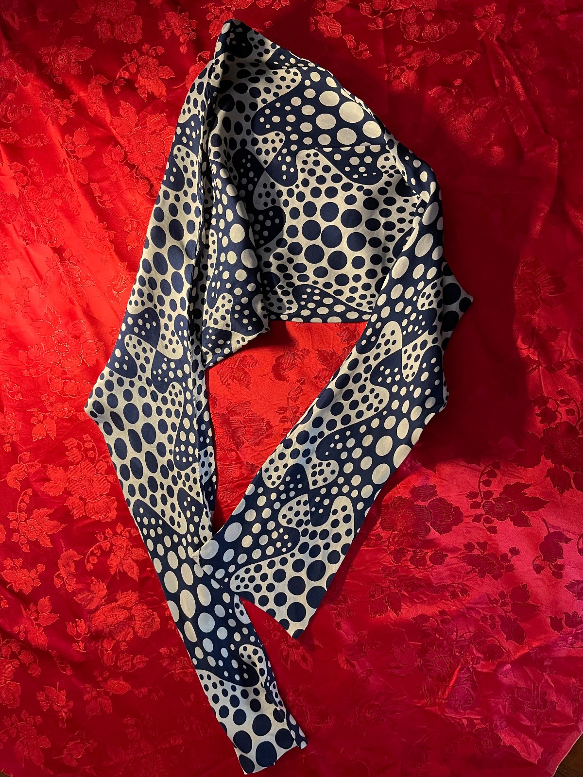 Silk Scarf Reversible Navy and Cream Polka Dot Patterns