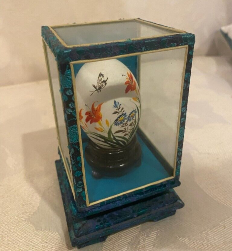 Chinese Hand Painted Eggshell With Ornate Glass Box Flower Scene