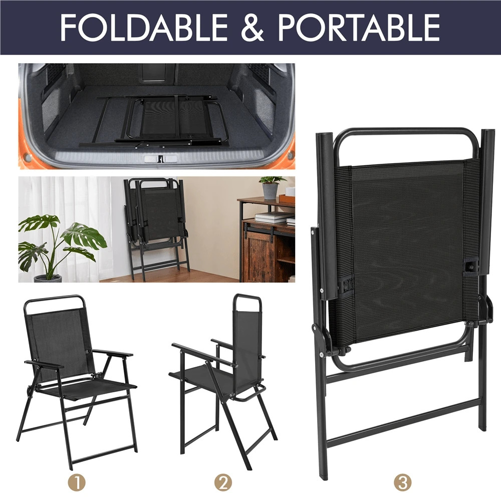 Two outdoor folding chairs, made of Teslin fabric, with backrest/armrests.