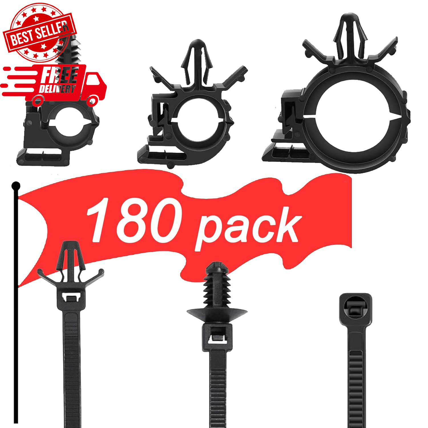 180Pcs Wire Loom Clips for Car Push Mount Zip Ties Assorted Sizes Automotive Fue