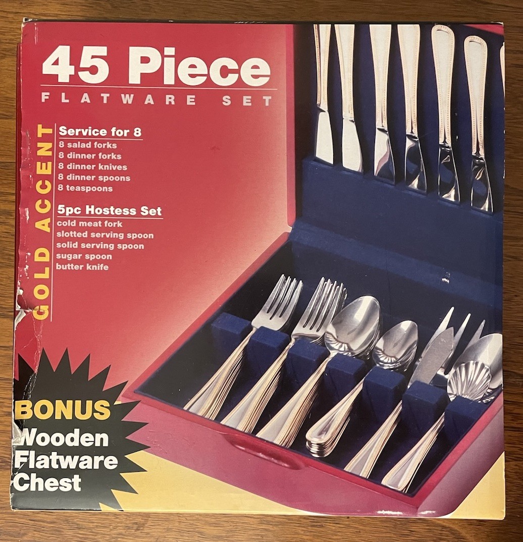 45 Piece Flatware Set w/ Gold Accent w/ Wooden Tray- Royal Household Products