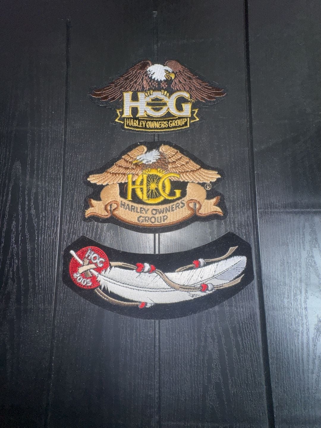 Set of 3 Vintage Harley Owners Group Embroidered Patches Including 2005 Feather