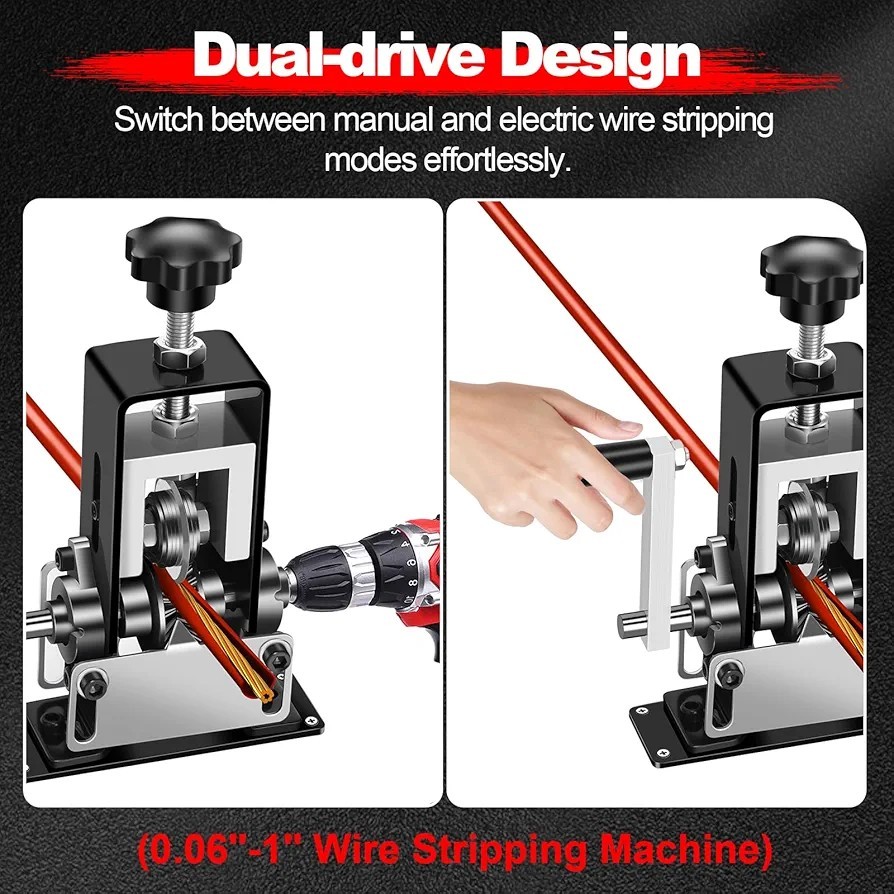 Manual & Drill-Driven Dual-Drive Wire Stripping Machine Bench Mount, 0.06"-1"