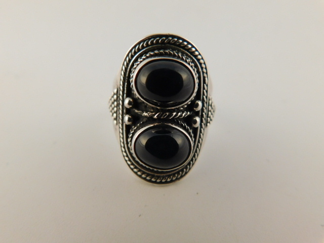 ONYX STERLING DOUBLE CABOCHON BEADED RING SZ 9.25 SILVER 925
