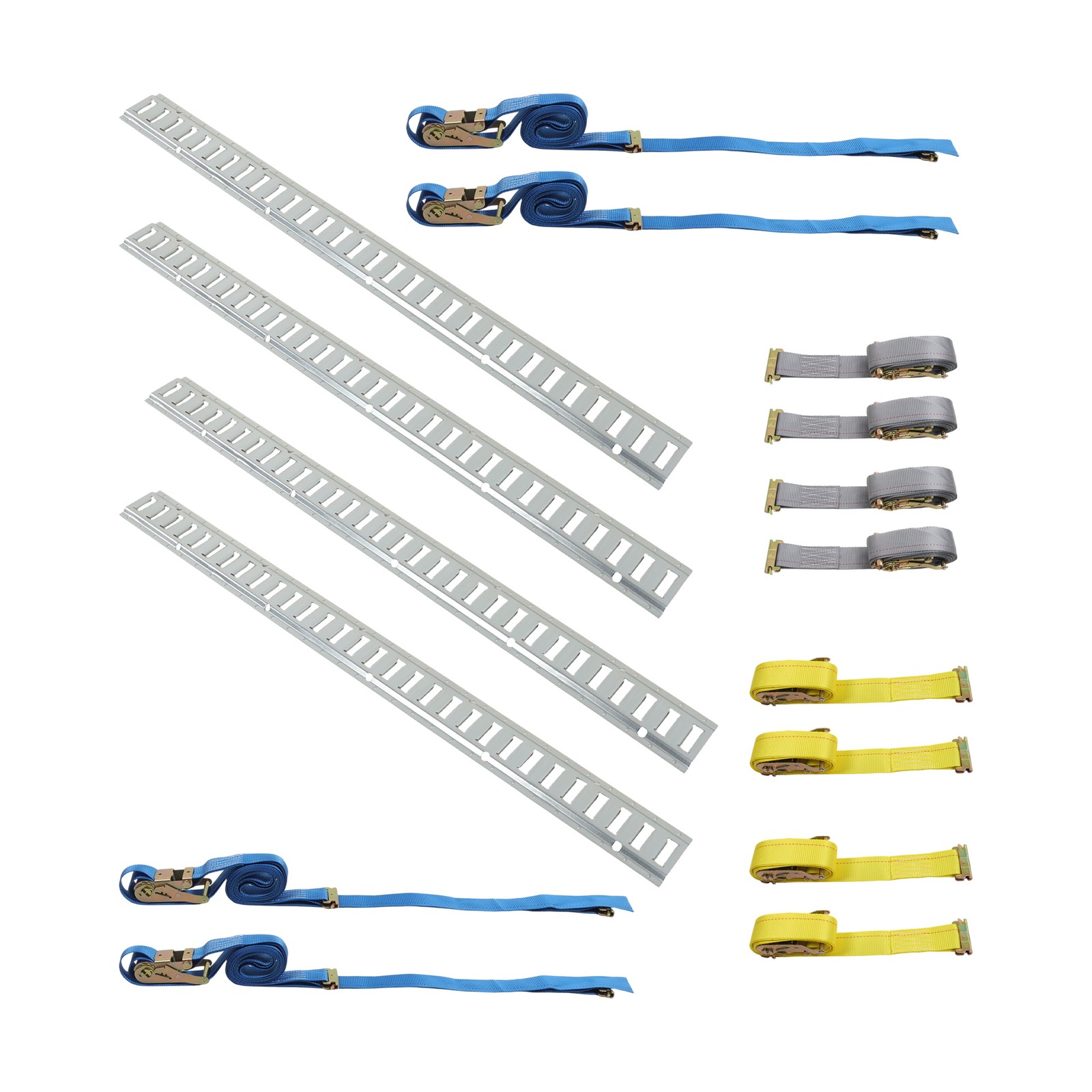 Complete 16pc E Track Tie Down Kit: 4x 5' Carbon Steel Rails + 12 Ratchet Straps