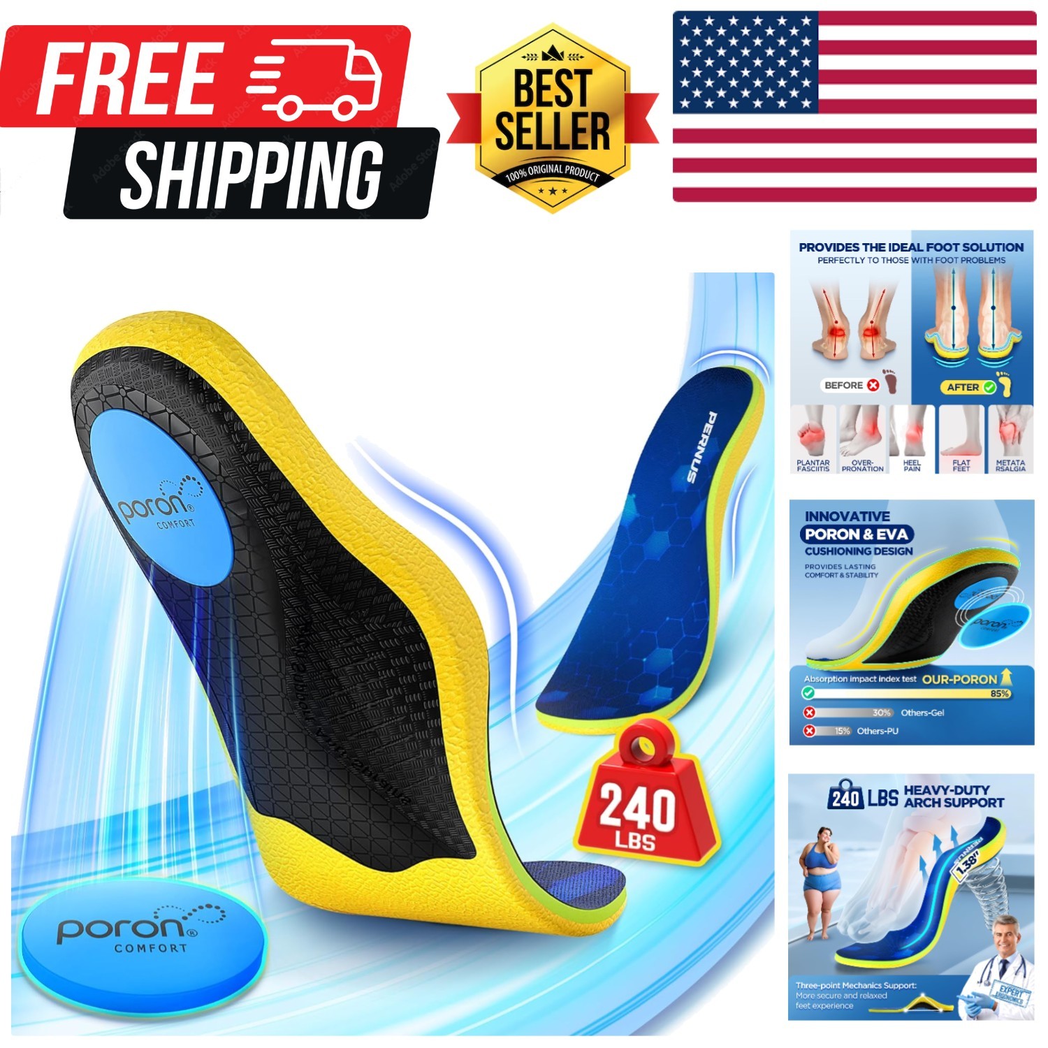 240+lbs Plantar Fasciitis Relief Insoles Men, Comfort PORON Shoe Inserts for ...