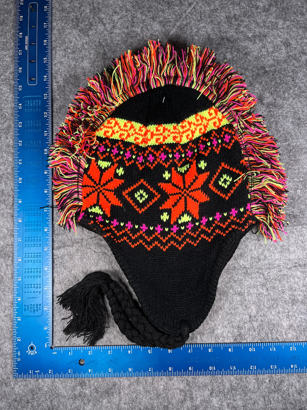 Beanie Toque Adult One Size Black Orange Fair Isle Knit Acrylic Ear Flap Mohawk